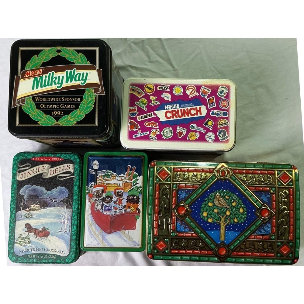 Vintage Candy Tin Lot Milky Way Nestle Crunch Hershey Christmas Olympic 7 Pc